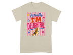 Beagle wearing a party hat on a striped background with "Actually I'm Delightful" text.