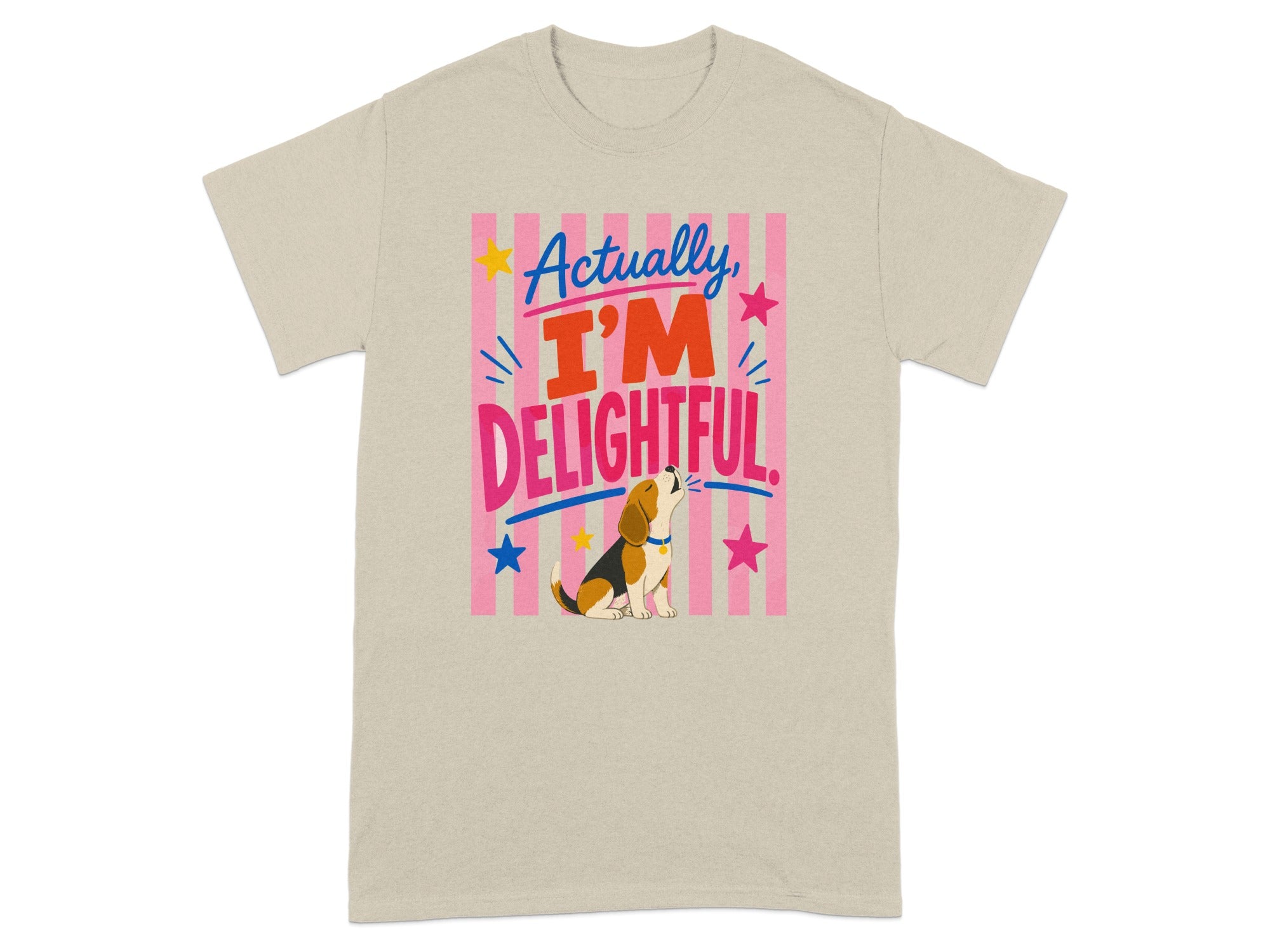 Beagle wearing a party hat on a striped background with "Actually I'm Delightful" text.
