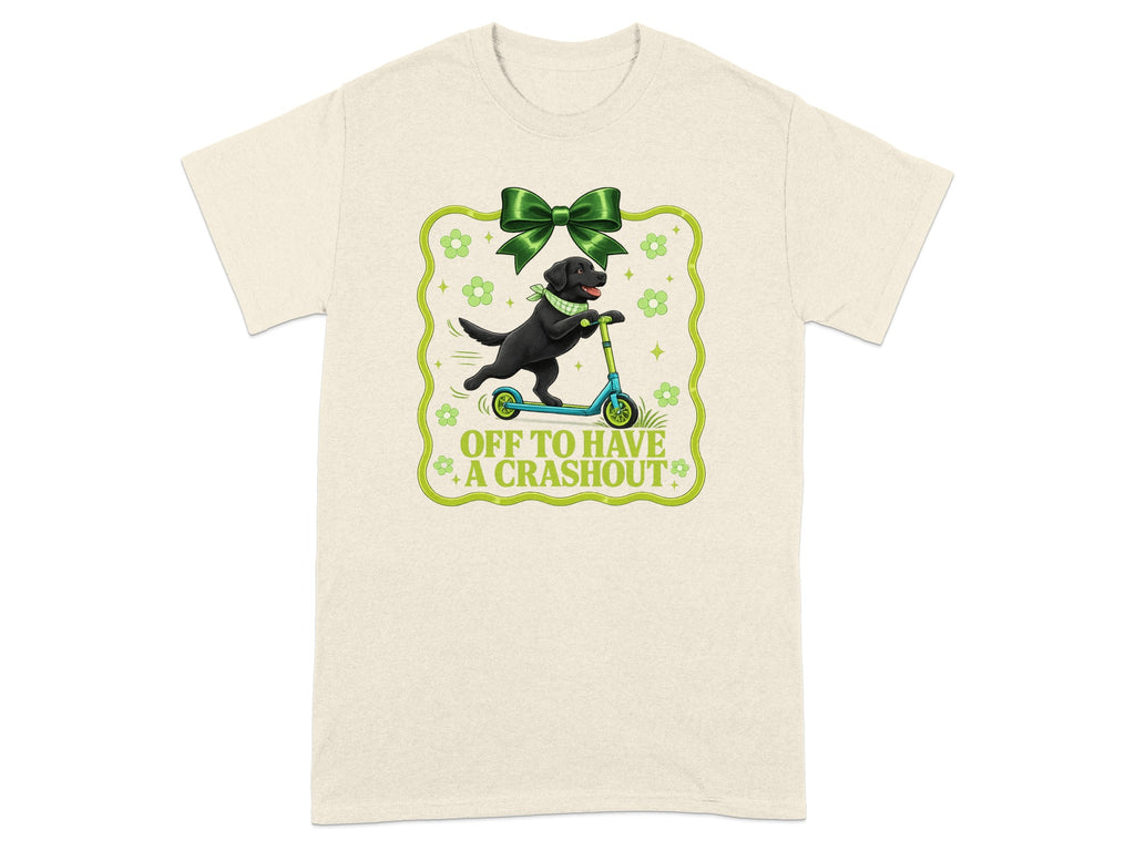 Black dog on scooter with green bandana and text "Off to Have A Crashout."