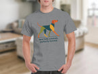 Grey t-shirt with a geometric dog graphic and text "feral little creature, perfectly formed".