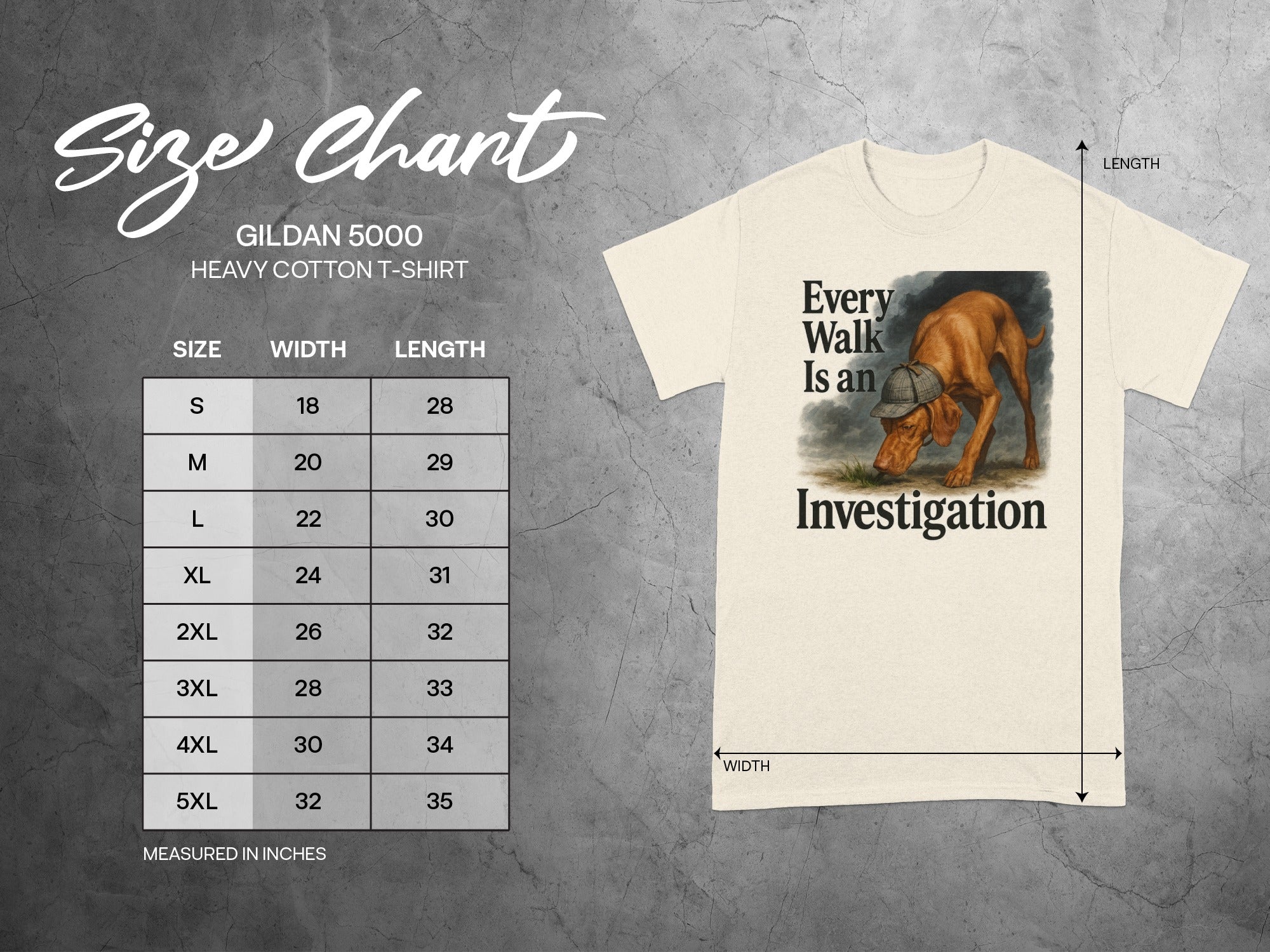 Size chart for Gildan 5000 heavy cotton t-shirt with dog graphic.