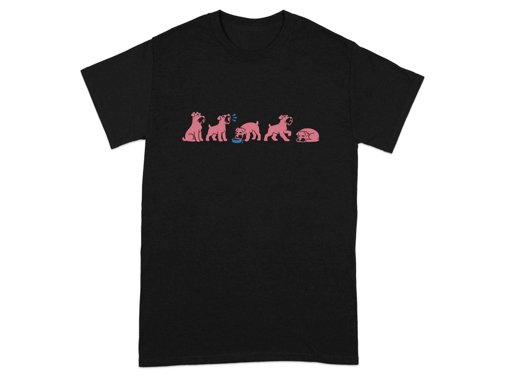 Black t-shirt with a row of pink dog illustrations showing different actions.
