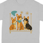 Three cartoon corgis sit side-by-side on a gold bar with abstract mid-century design elements.