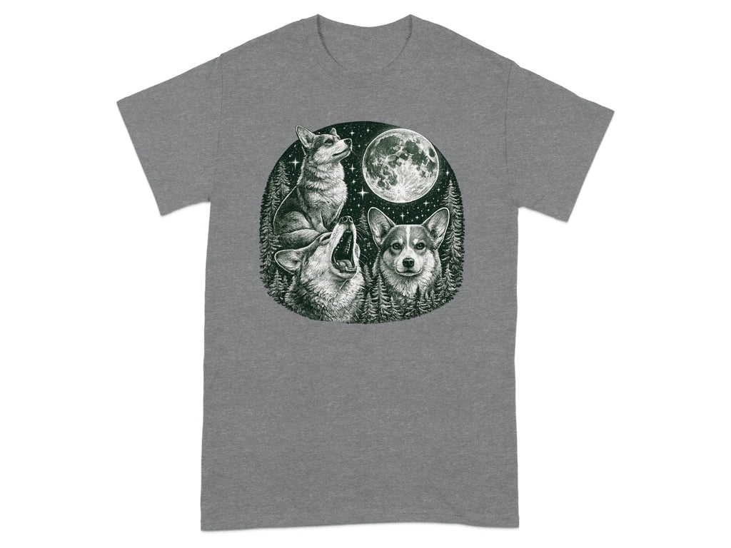 Three corgis and a wolf howl at the moon in a forest at night.