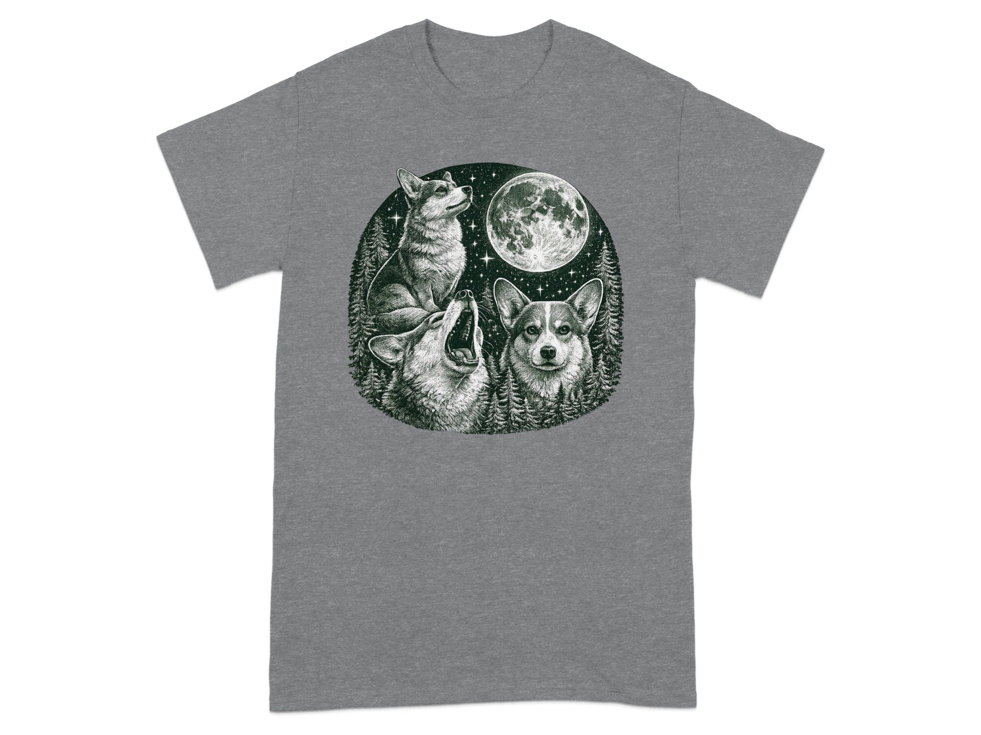 Three corgis and a wolf howl at the moon in a forest at night.
