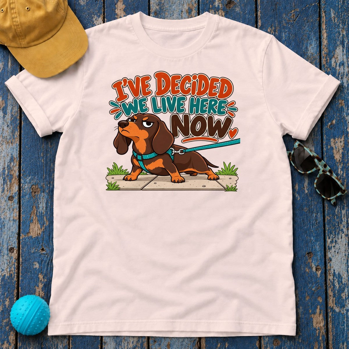I've Decided We Live Here Now Dachshund T-Shirt in Soft Pink - flat lay
