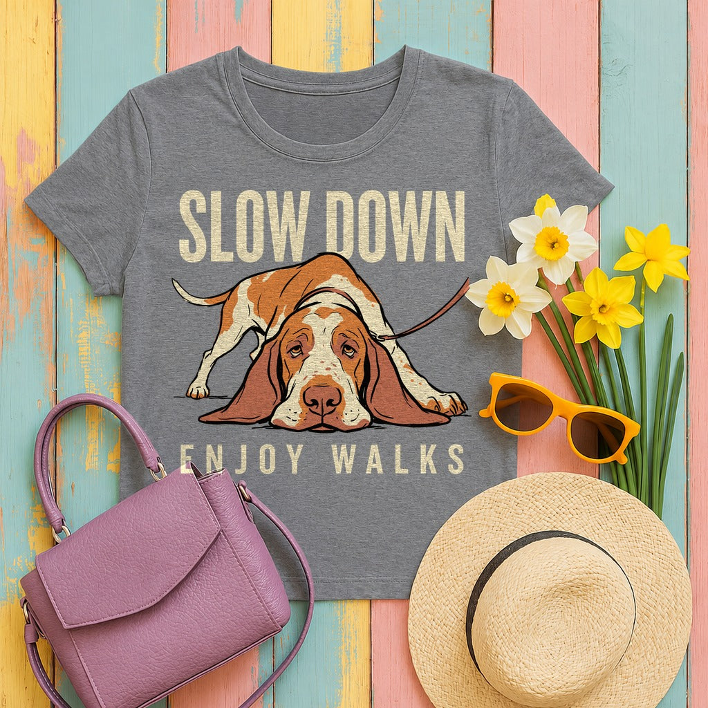 Slow Down, Enjoy Walks Bracco Italiano T-Shirt in Graphite Heather