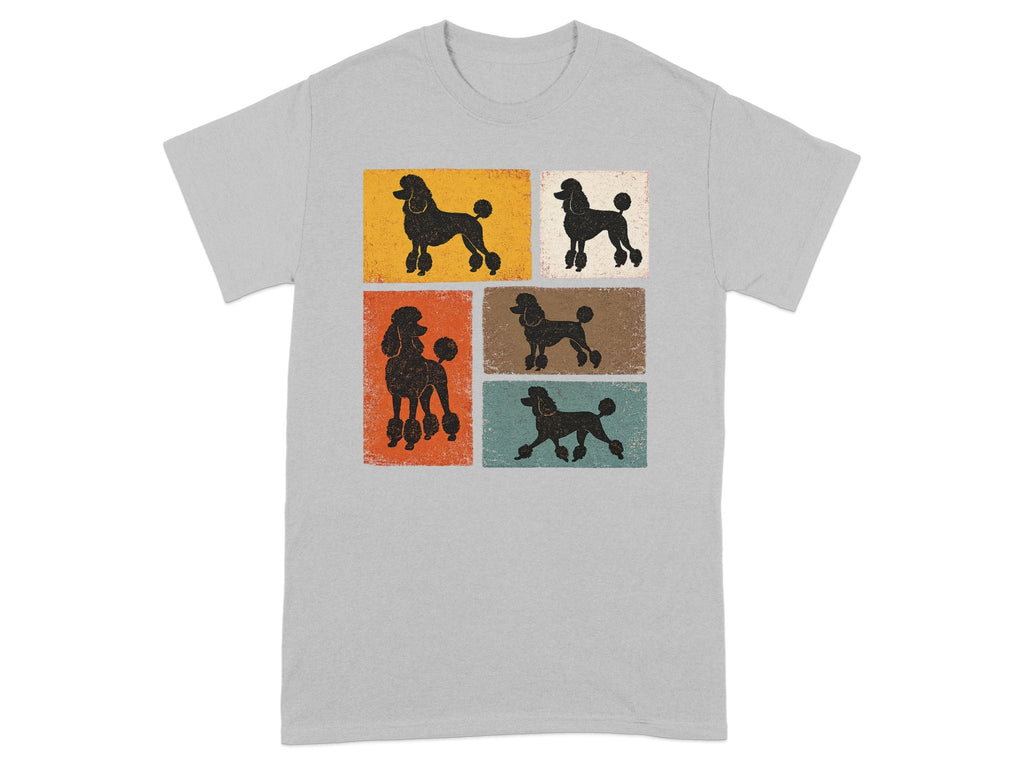 Grey t-shirt with a graphic of five black poodle silhouettes on distressed, colored backgrounds.