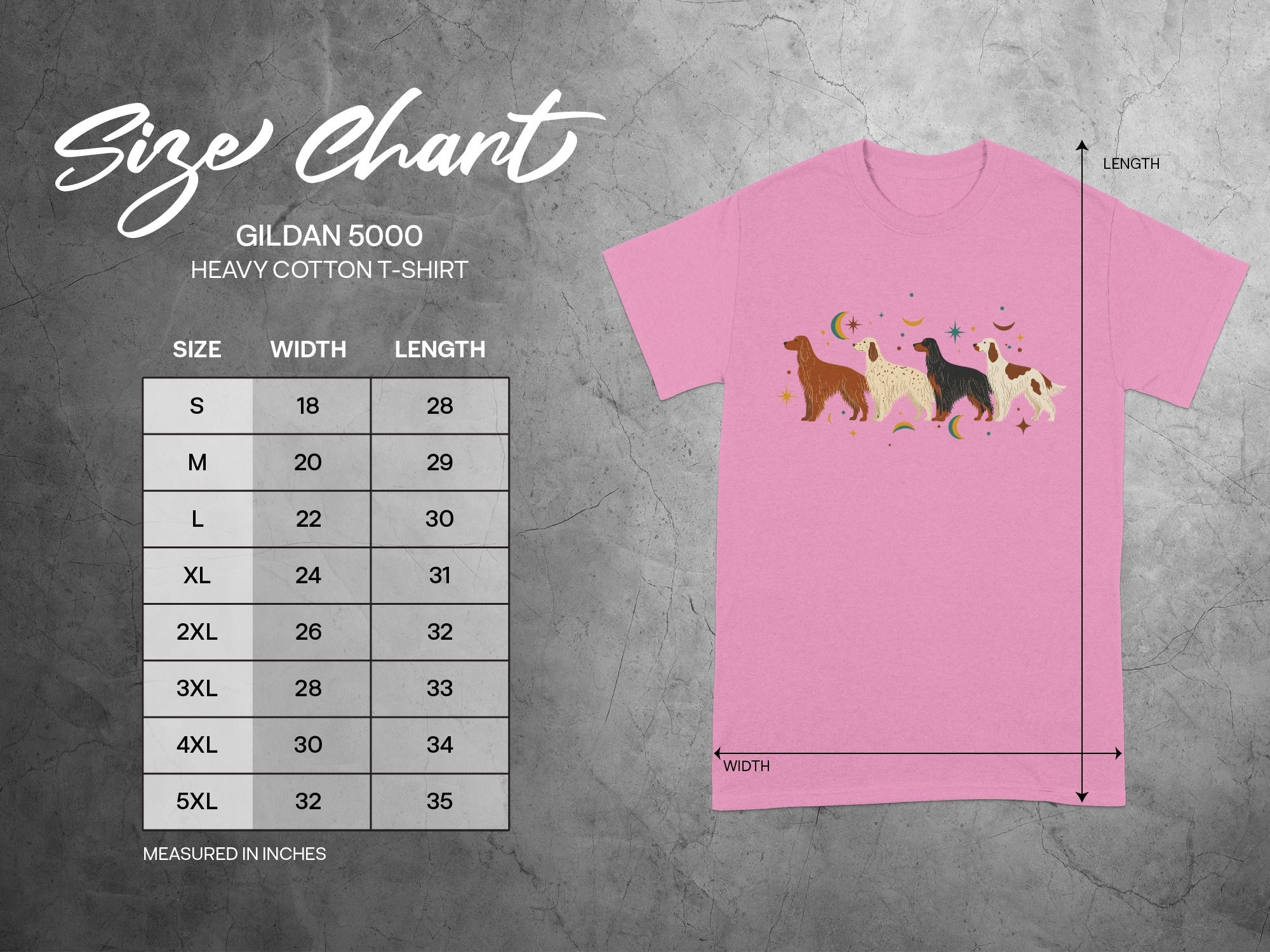 Gildan 5000 heavy cotton t-shirt size chart with measurements in inches.