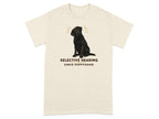 Black Labrador retriever illustration with text "SELECTIVE HEARING SINCE PUPPYHOOD".