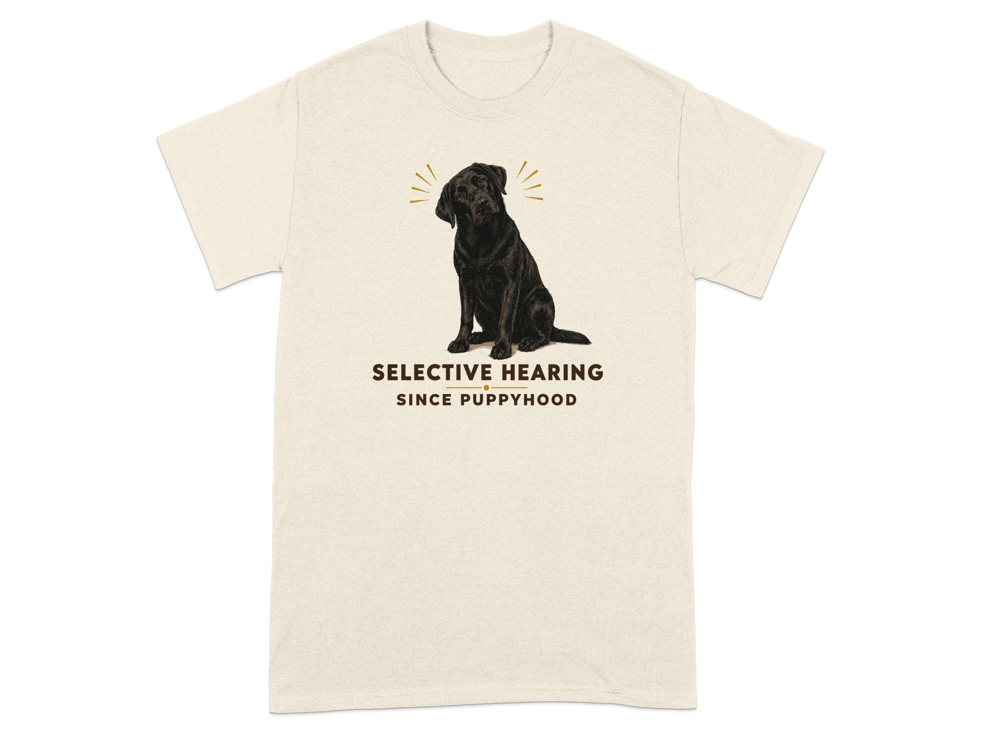 Black Labrador retriever illustration with text "SELECTIVE HEARING SINCE PUPPYHOOD".