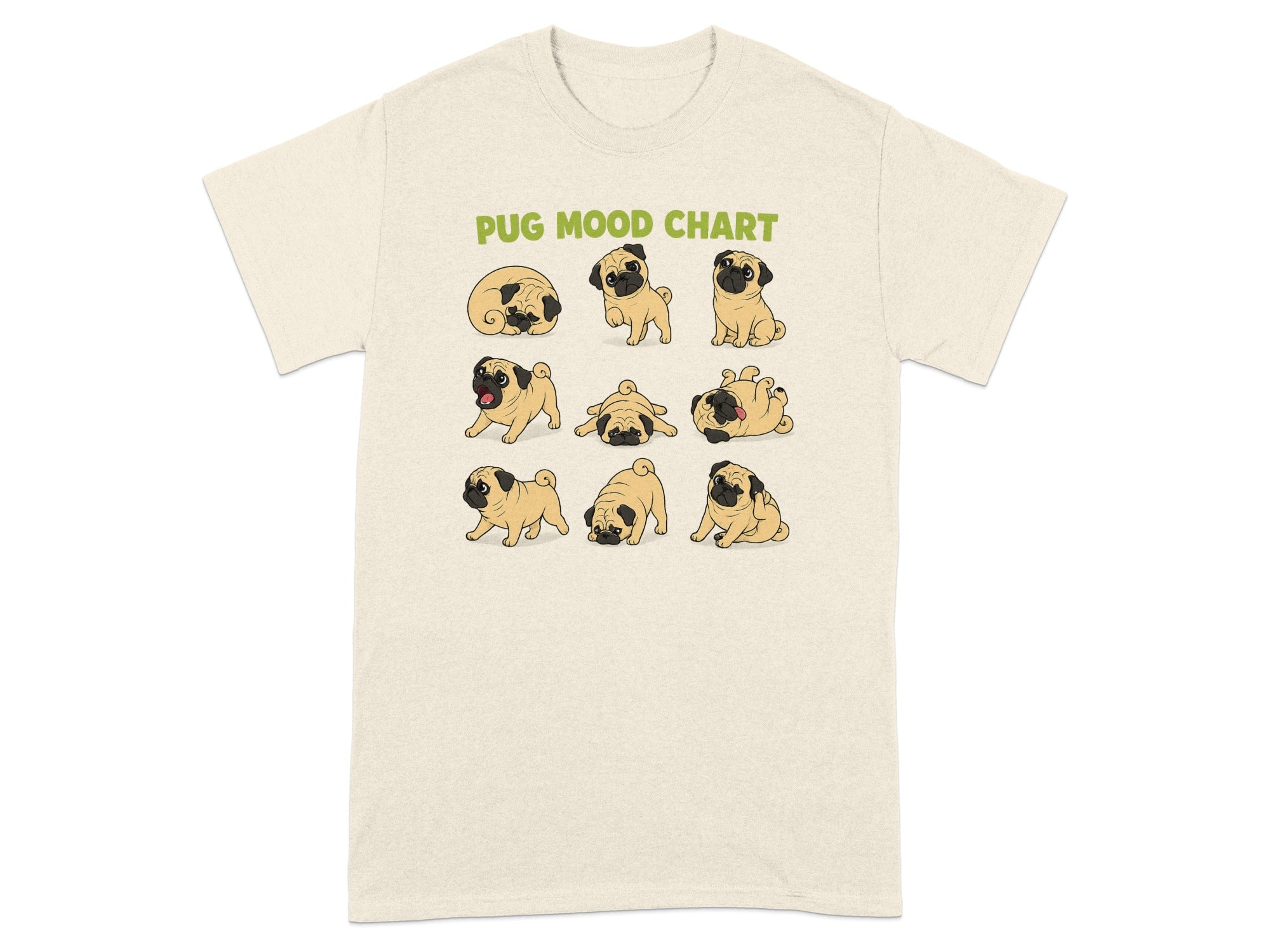 Cream t-shirt with green "Pug Mood Chart" text and nine cartoon pugs in various poses.