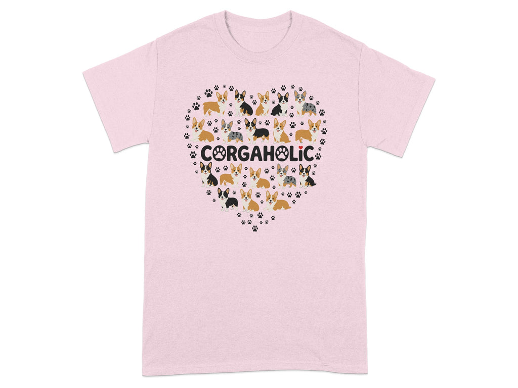 Pink t-shirt with "CORGAHOLIC" text and a heart of corgis and paw prints.