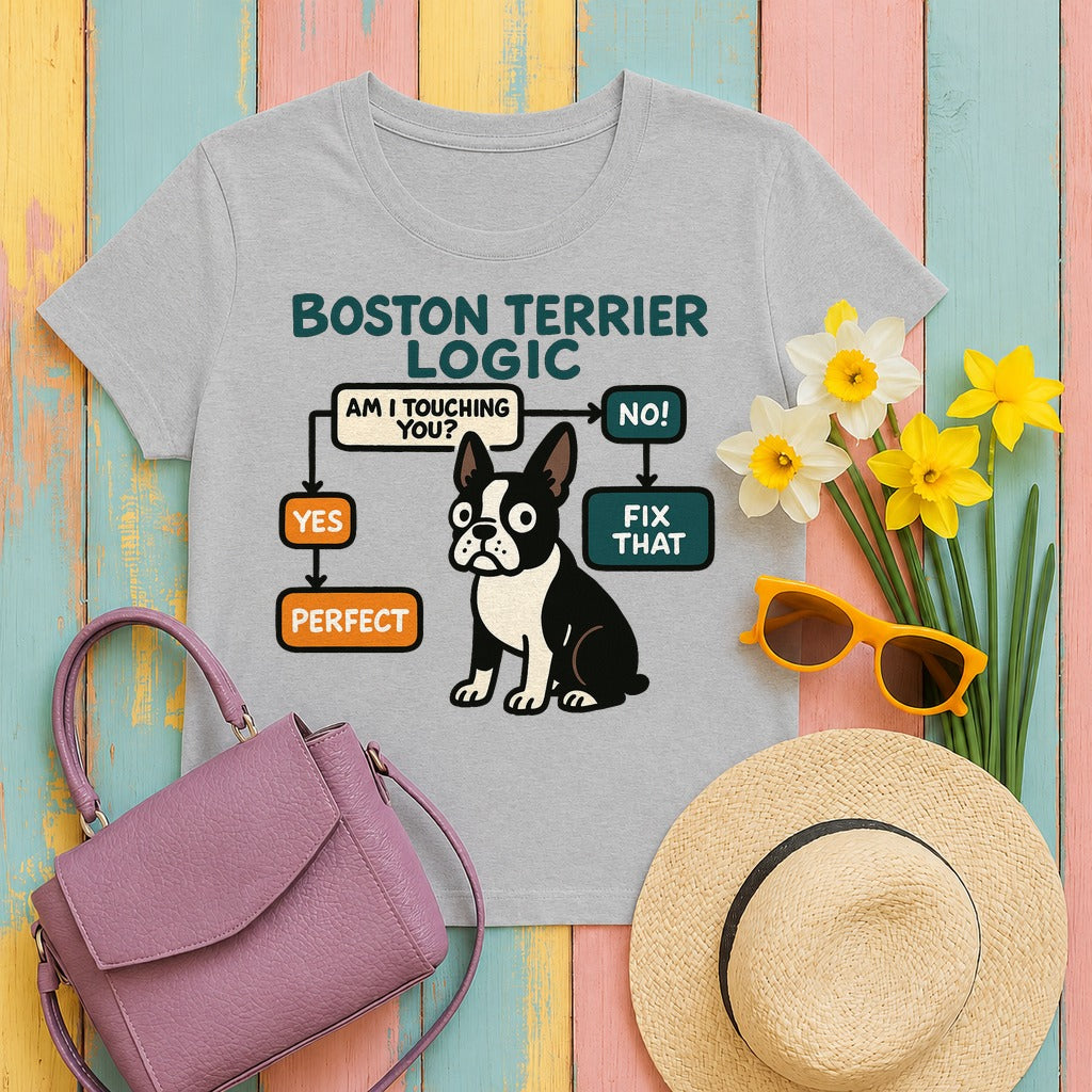 Boston Terrier Logic Flowchart T-shirt in Sport Grey