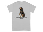 Gordon Setter dog with text "Paws and Reflect" on a grey t-shirt.