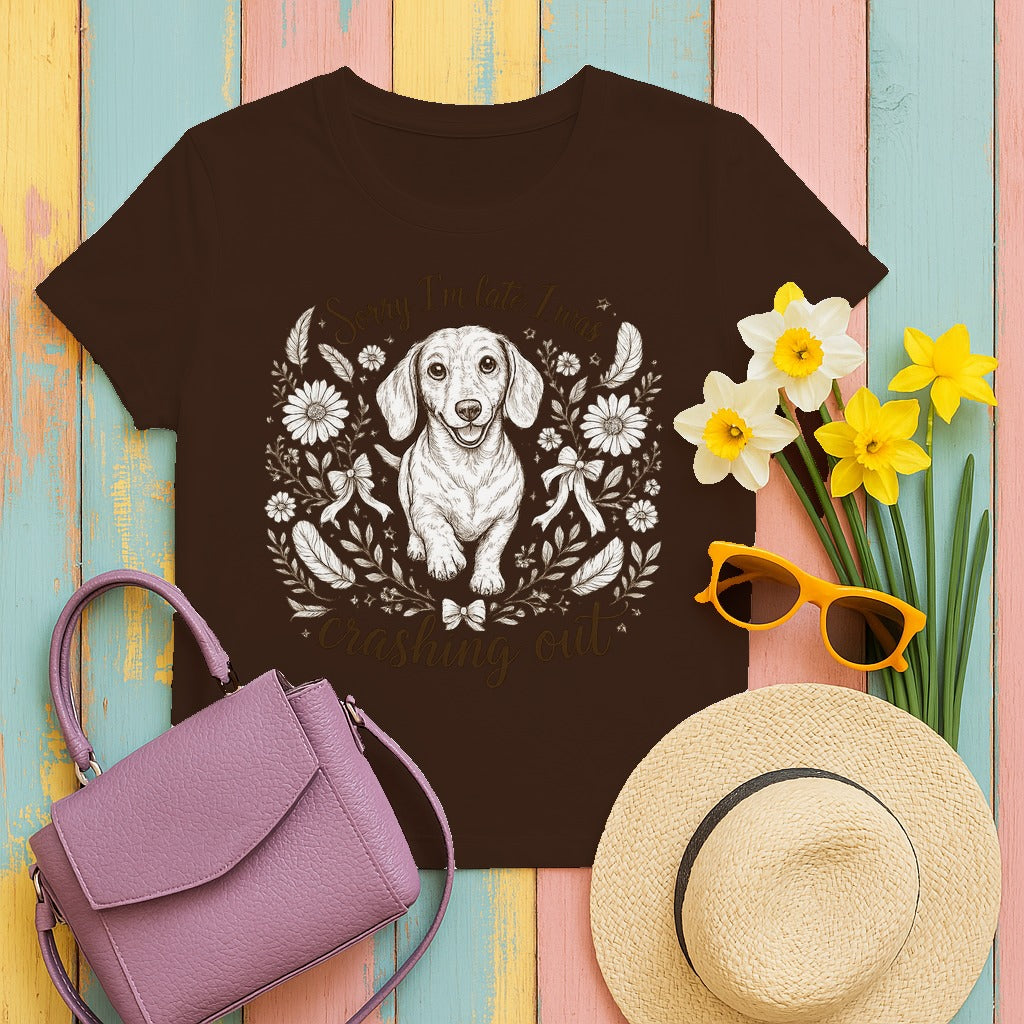 Whimsical Dachshund 'Crashing Out' T-Shirt in Dark Chocolate