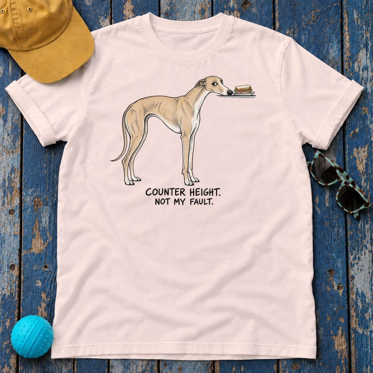 Counter Height Not My Fault Greyhound T-Shirt in Soft Pink - flat lay