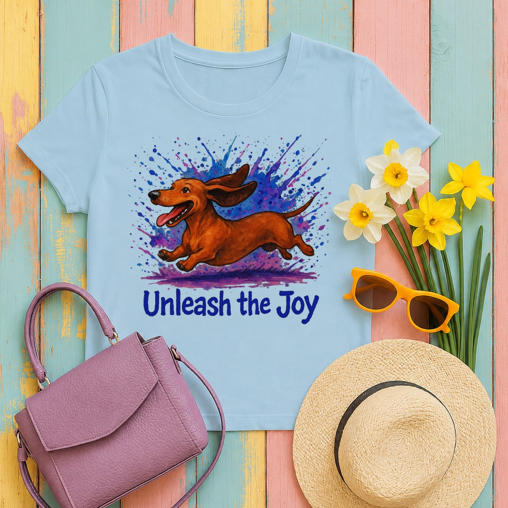 Unleash the Joy Dachshund Art T-Shirt in Light Blue