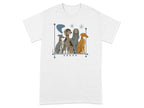 Five dogs of different breeds sit together in a stylized illustration.