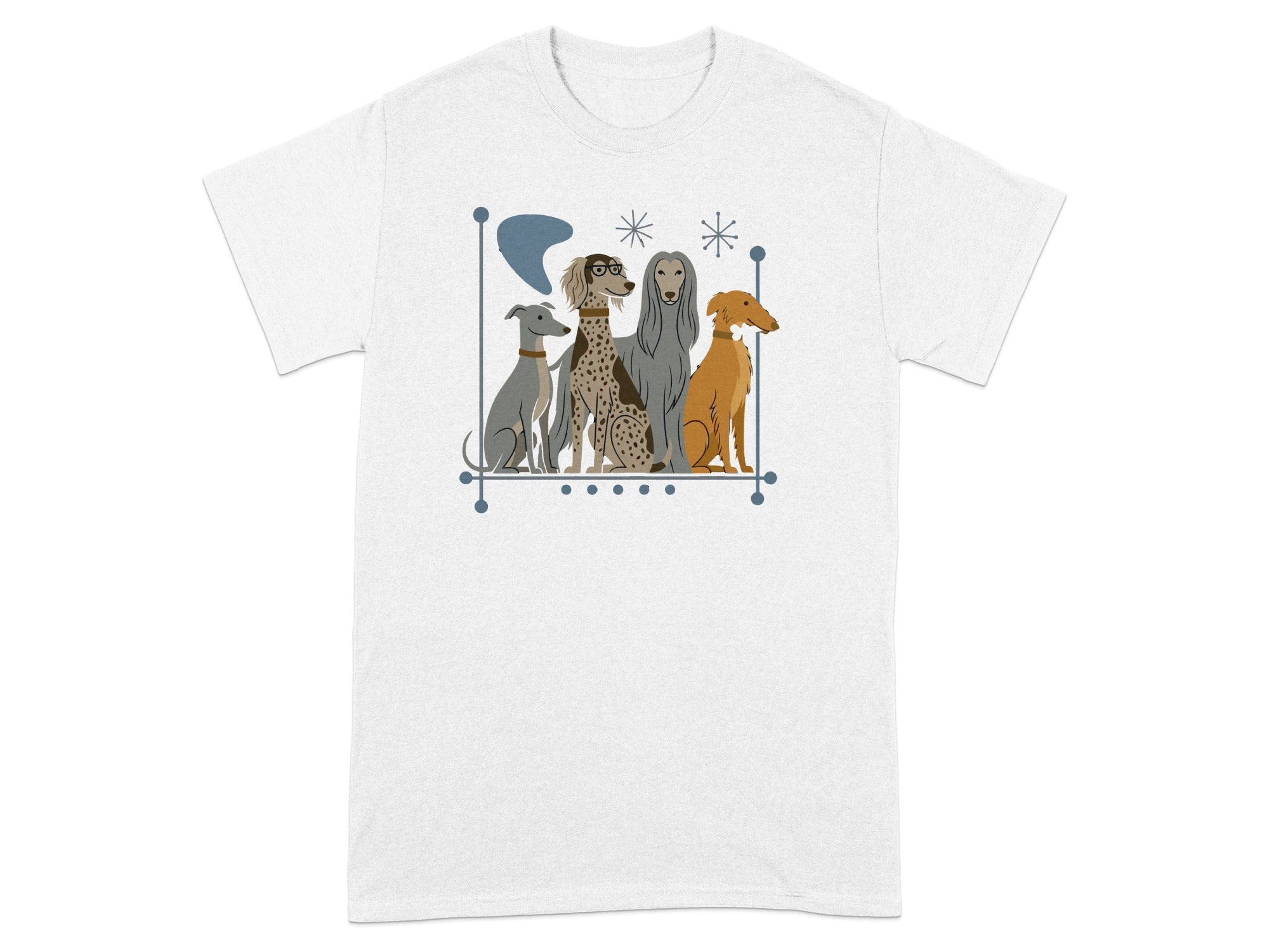 Five dogs of different breeds sit together in a stylized illustration.