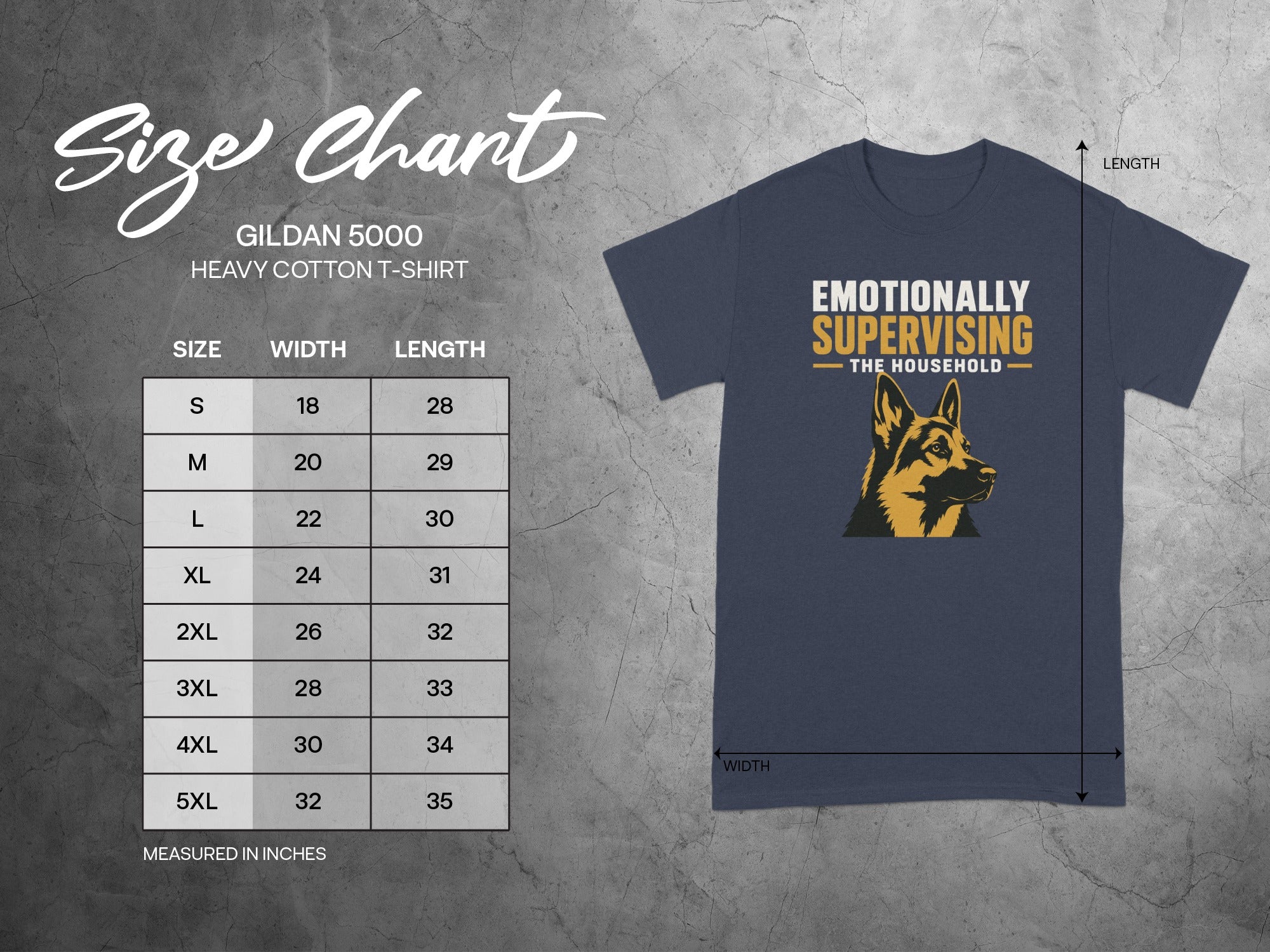Gildan 5000 t-shirt size chart with German Shepherd graphic.