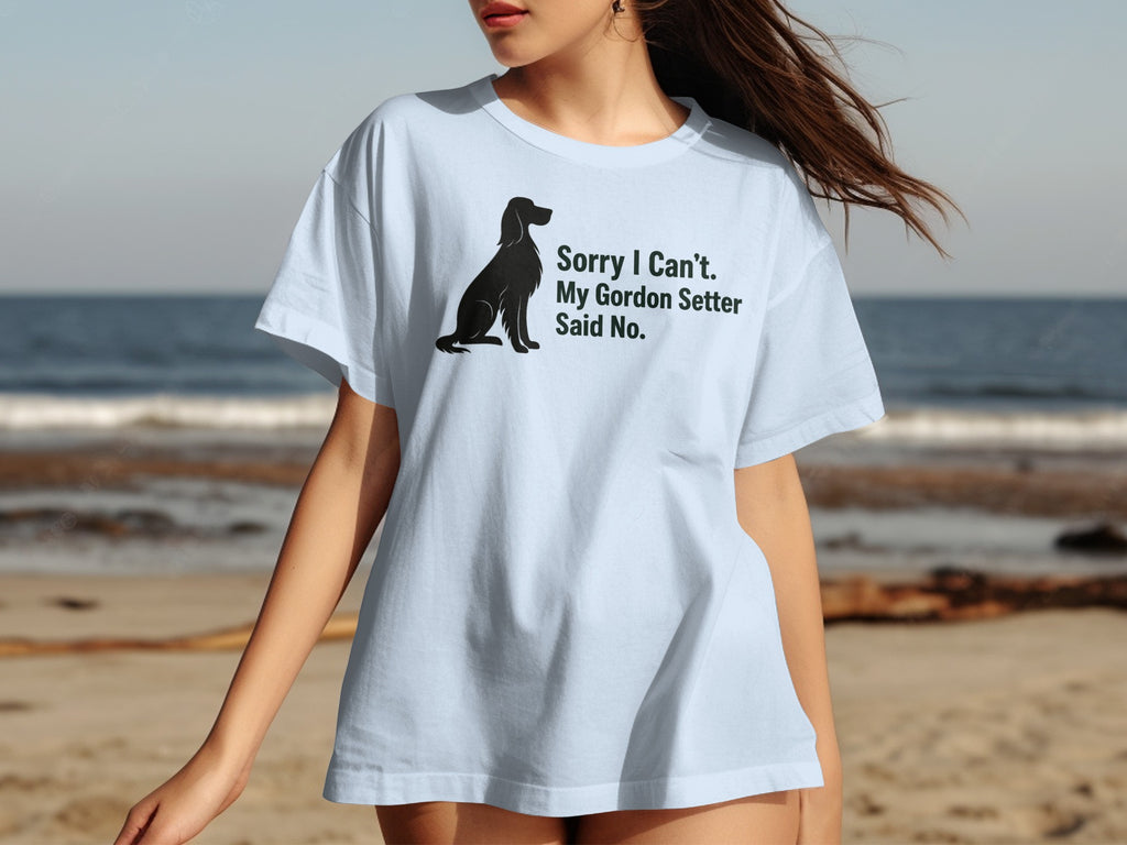 Light blue t-shirt with black graphic text and Gordon Setter silhouette.