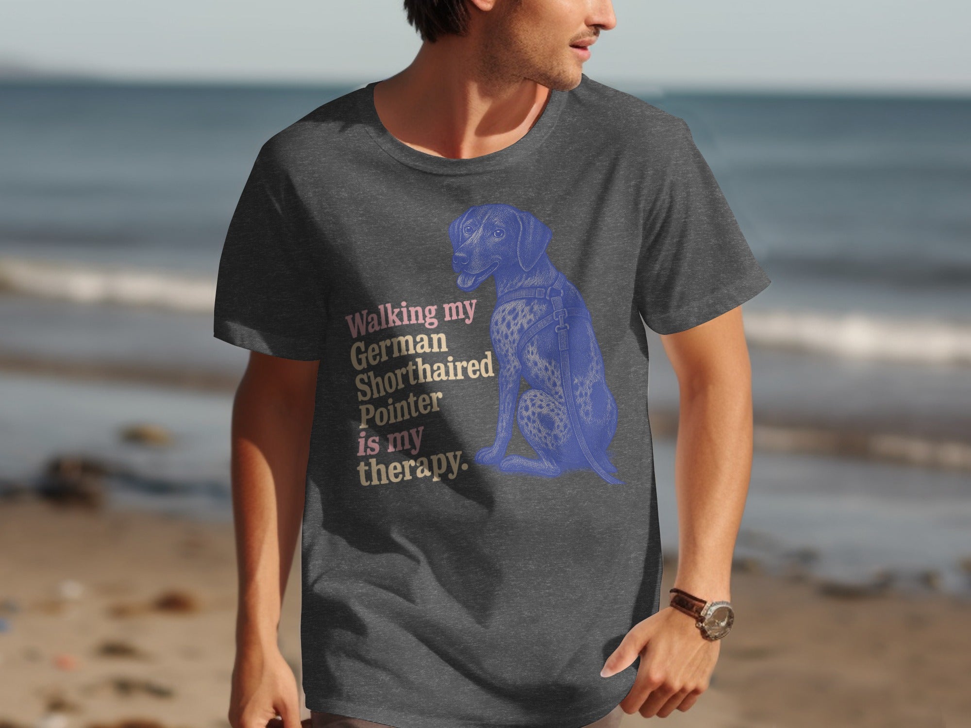 Gray t-shirt featuring a blue German Shorthaired Pointer and text.