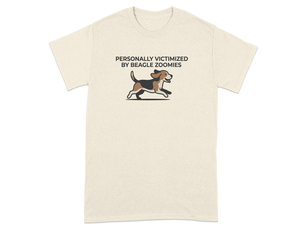 Beagle running with text "PERSONALLY VICTIMIZED BY BEAGLE ZOOMIES".