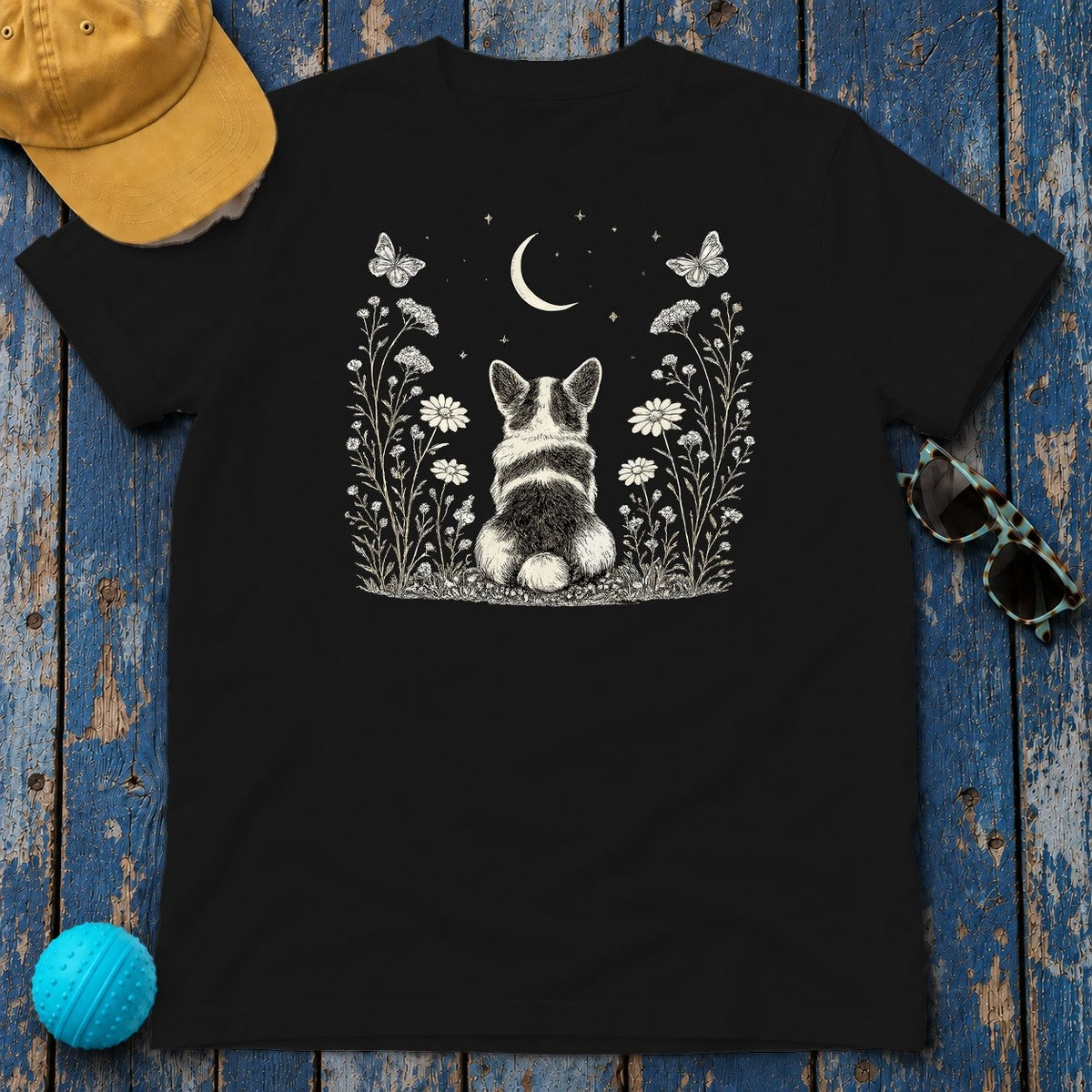 Ethereal Corgi Moon Gaze T-Shirt in Black