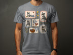 T-shirt with a grid of four framed illustrations of schnauzer puppies playing.