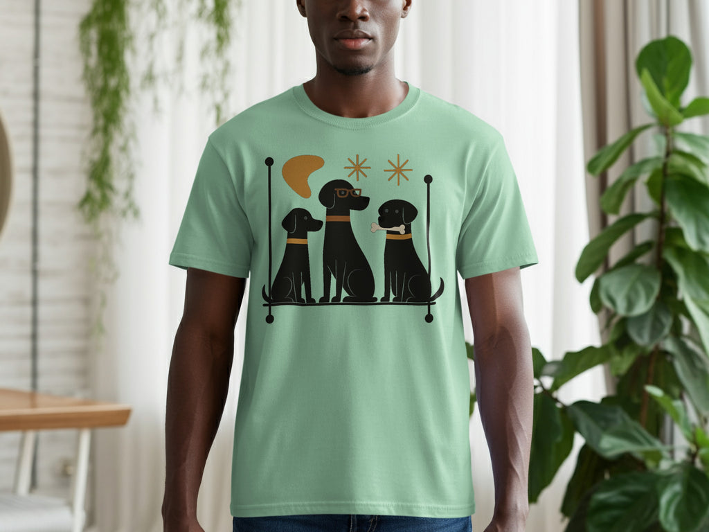 T-shirt with illustration of three black dogs in a row.