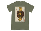 Golden Retriever Queen of Hearts playing card graphic on a green t-shirt.