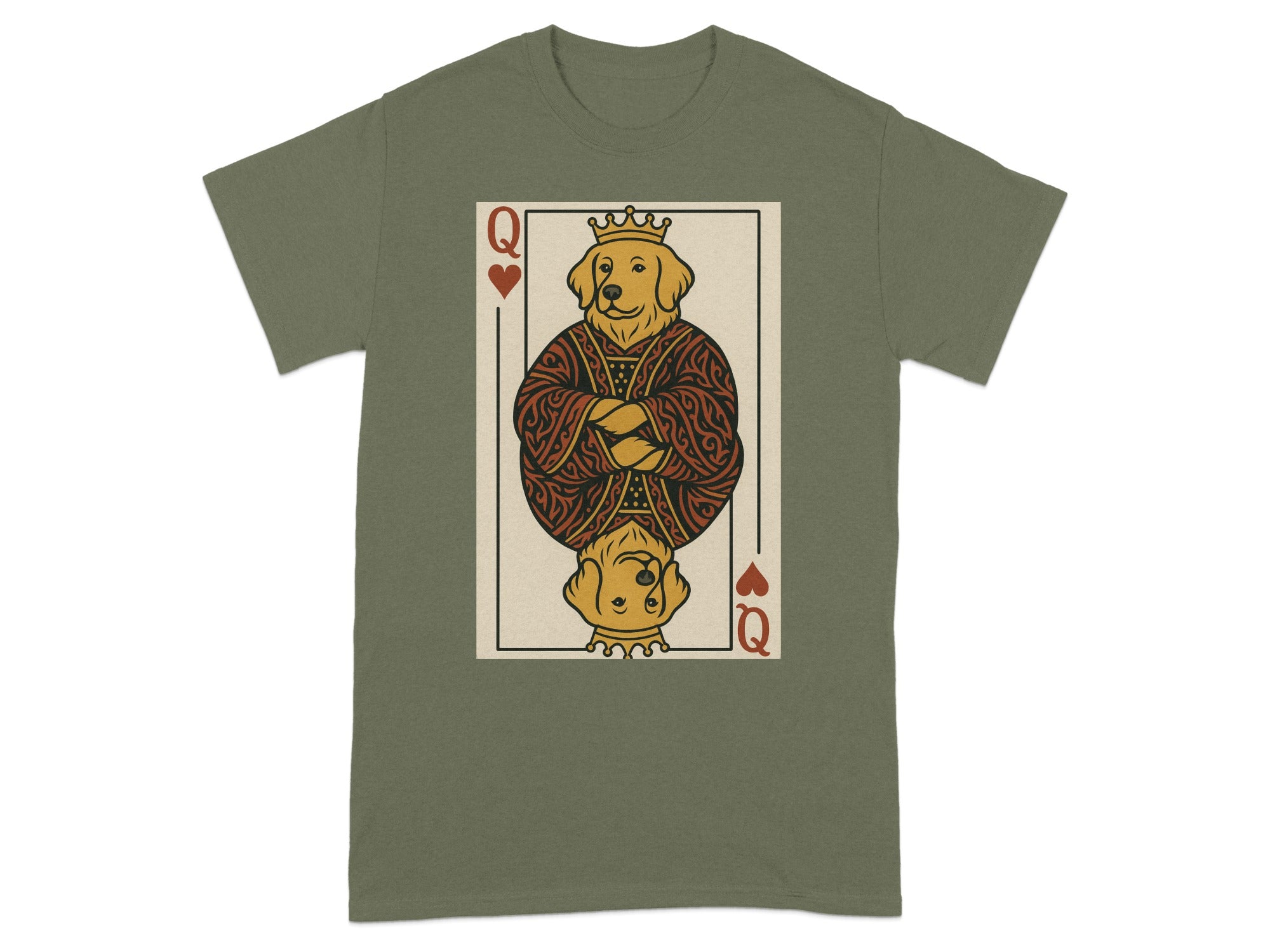 Golden Retriever Queen of Hearts playing card graphic on a green t-shirt.