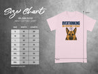 Gildan 5000 t-shirt size chart with dog graphic saying "Overthinking on everyone's behalf".
