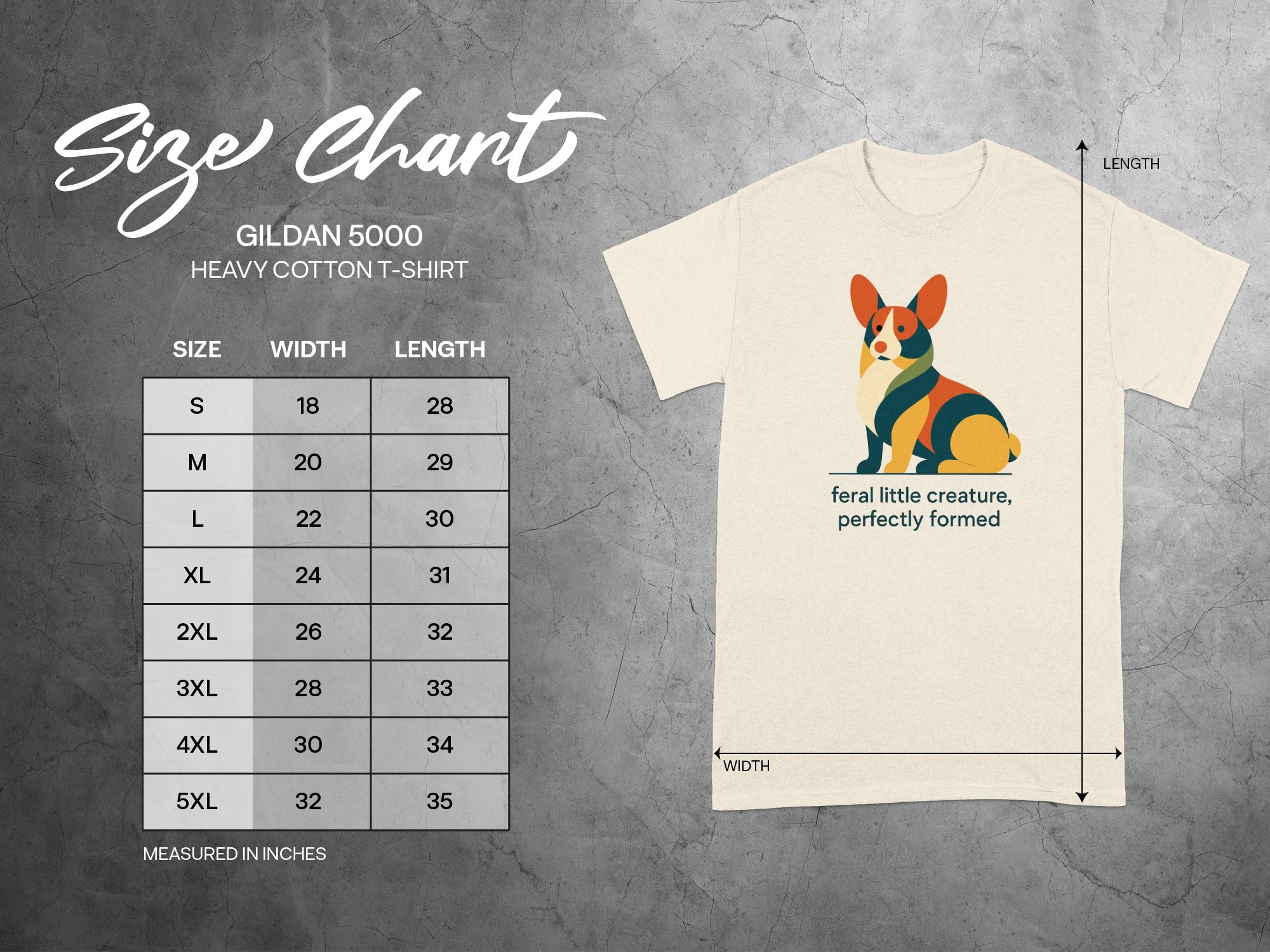 Gildan 5000 size chart for t-shirts with corgi graphic and text.