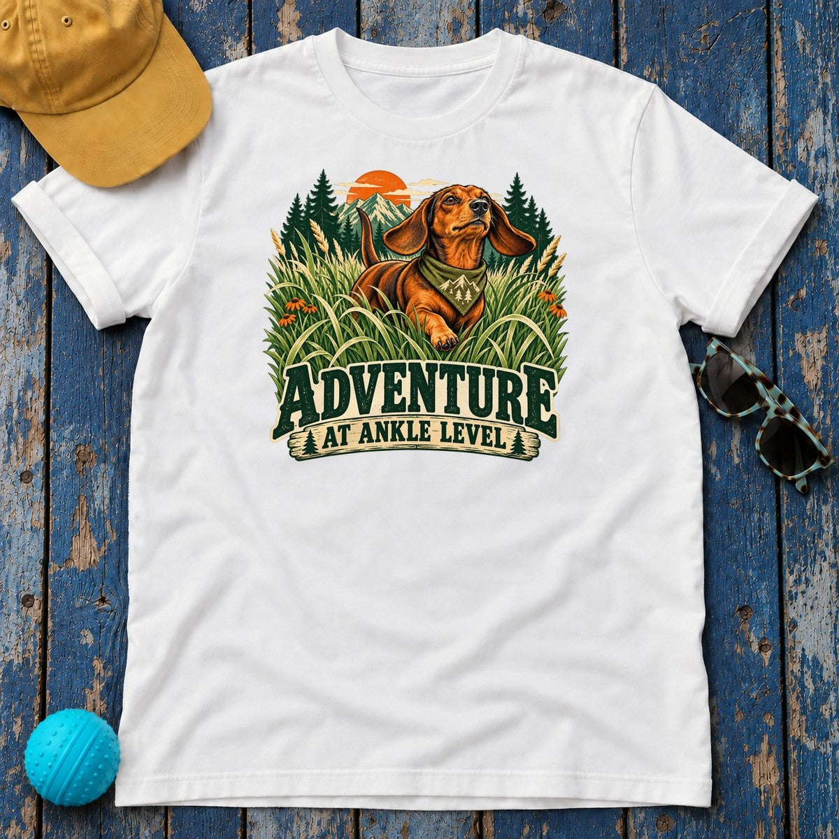 Adventure at Ankle Level Dachshund T-Shirt in White - flat lay