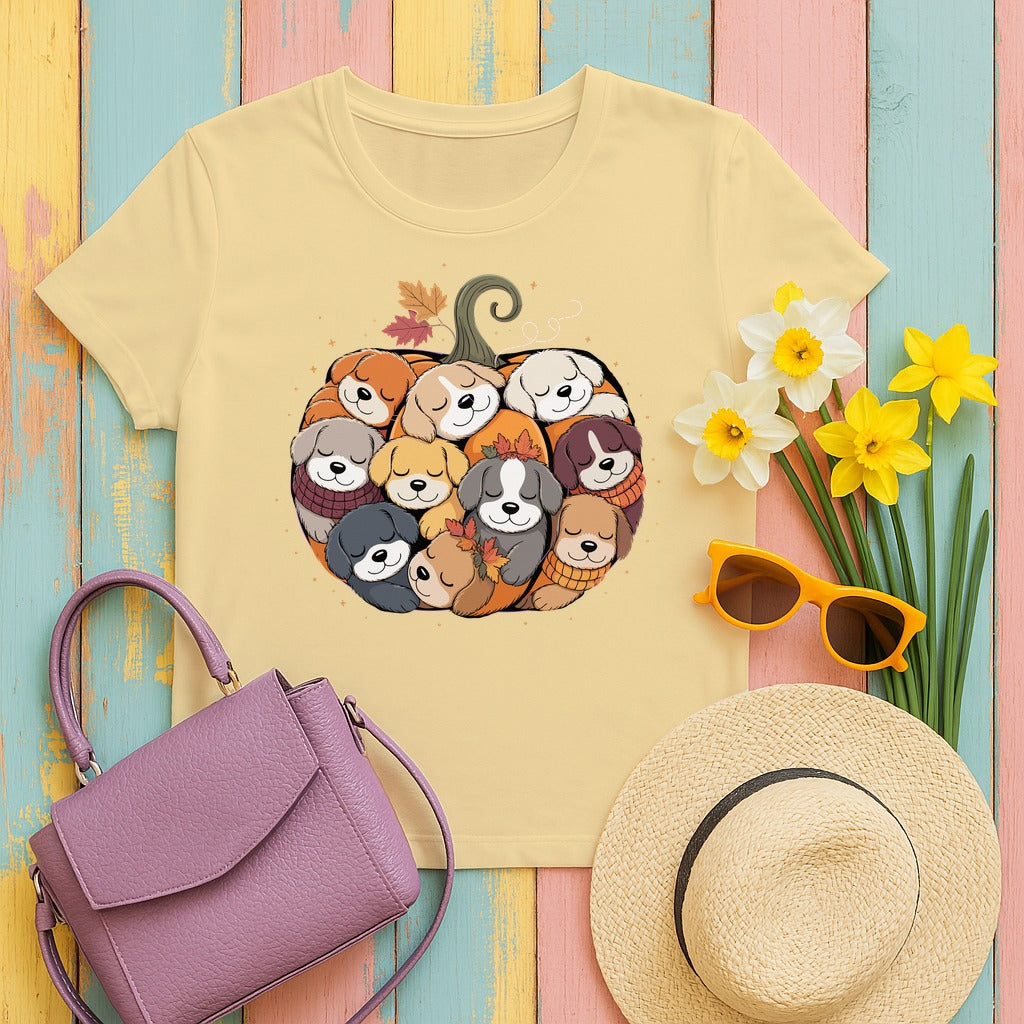 Dogs in Pumpkin Pile Autumn Festive Season Graphic T-Shirt in Yellow Haze