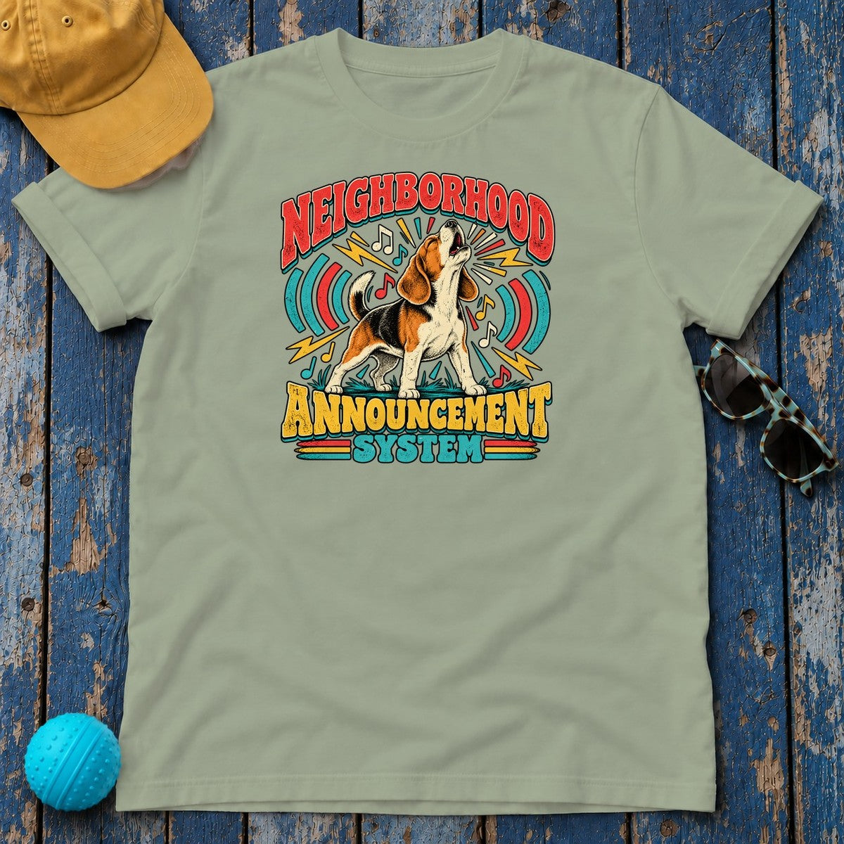 Neighborhood Announcement System Beagle T-Shirt in Sage - flat lay