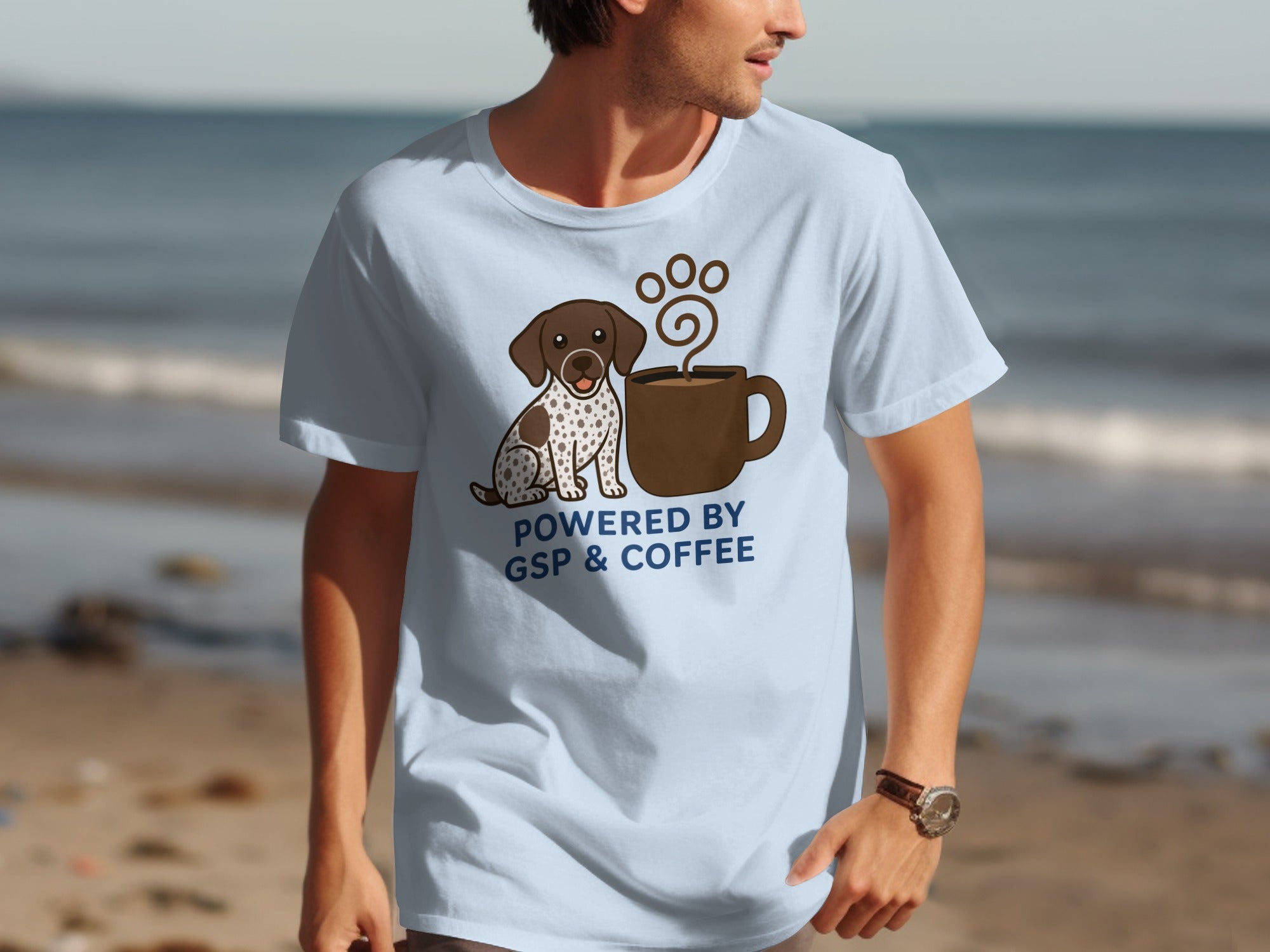 Light blue t-shirt with a German Shorthaired Pointer and coffee cup graphic.