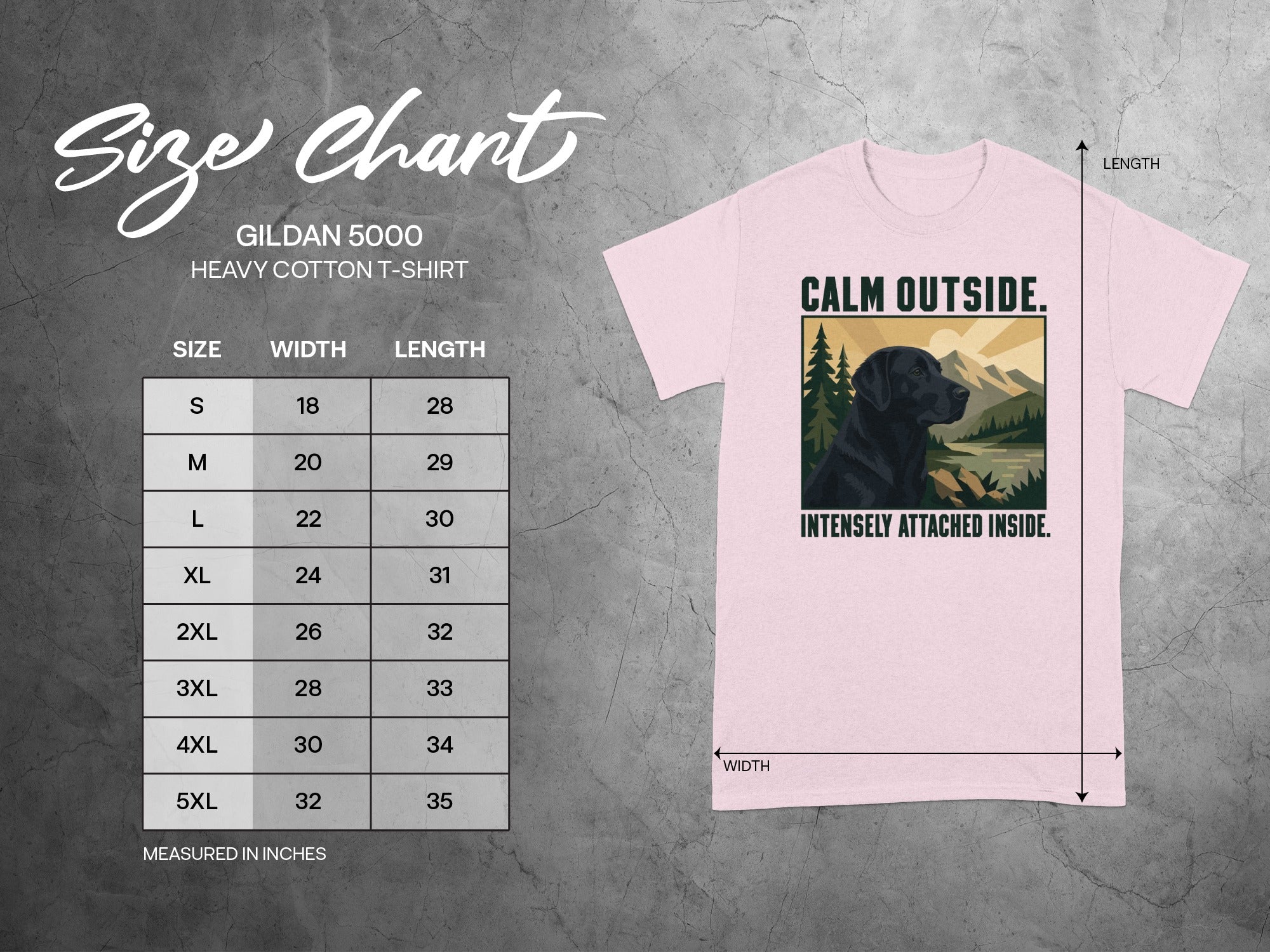 Gildan 5000 heavy cotton t-shirt size chart and graphic t-shirt.