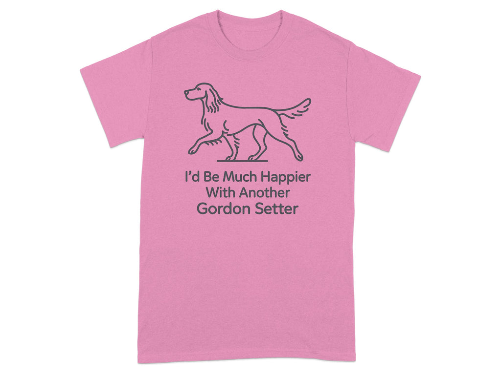 Pink t-shirt with a line drawing of a Gordon Setter above text.