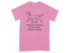 Pink t-shirt with a line drawing of a Gordon Setter above text.