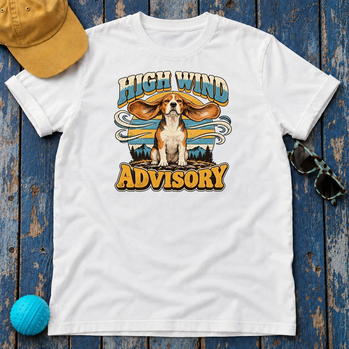 High Wind Advisory Beagle T-Shirt in White - flat lay