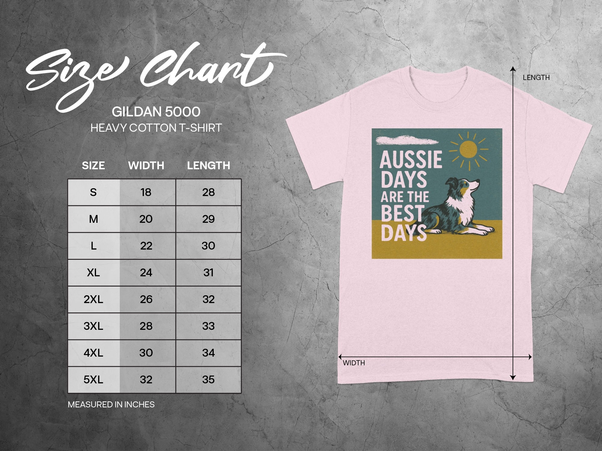 Gildan 5000 size chart in inches for heavy cotton t-shirts.