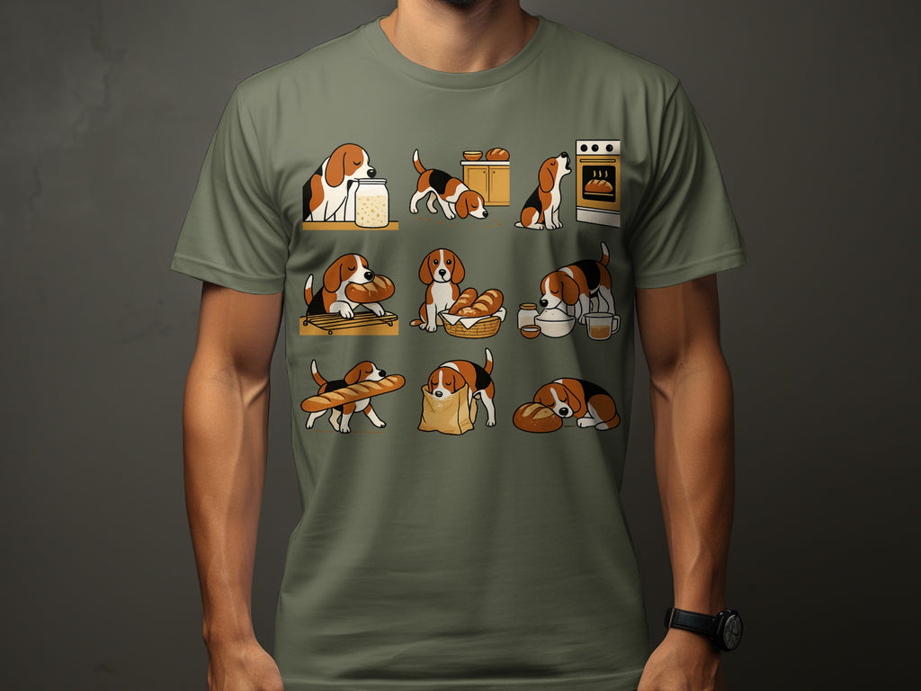 Nine beagles interacting with bread and baking ingredients in a playful scene.