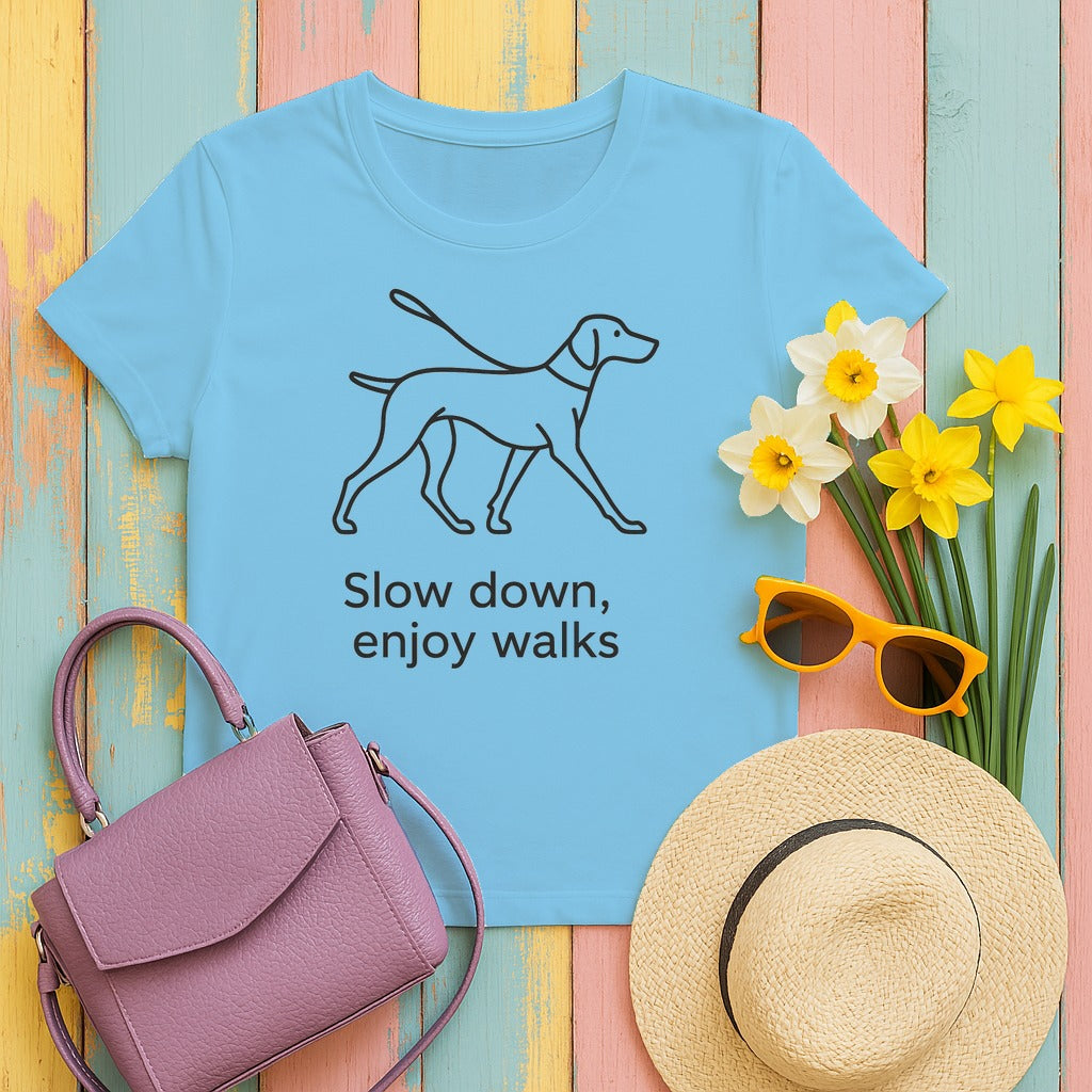 Slow Down, Enjoy Walks Vizsla T-Shirt in Sky