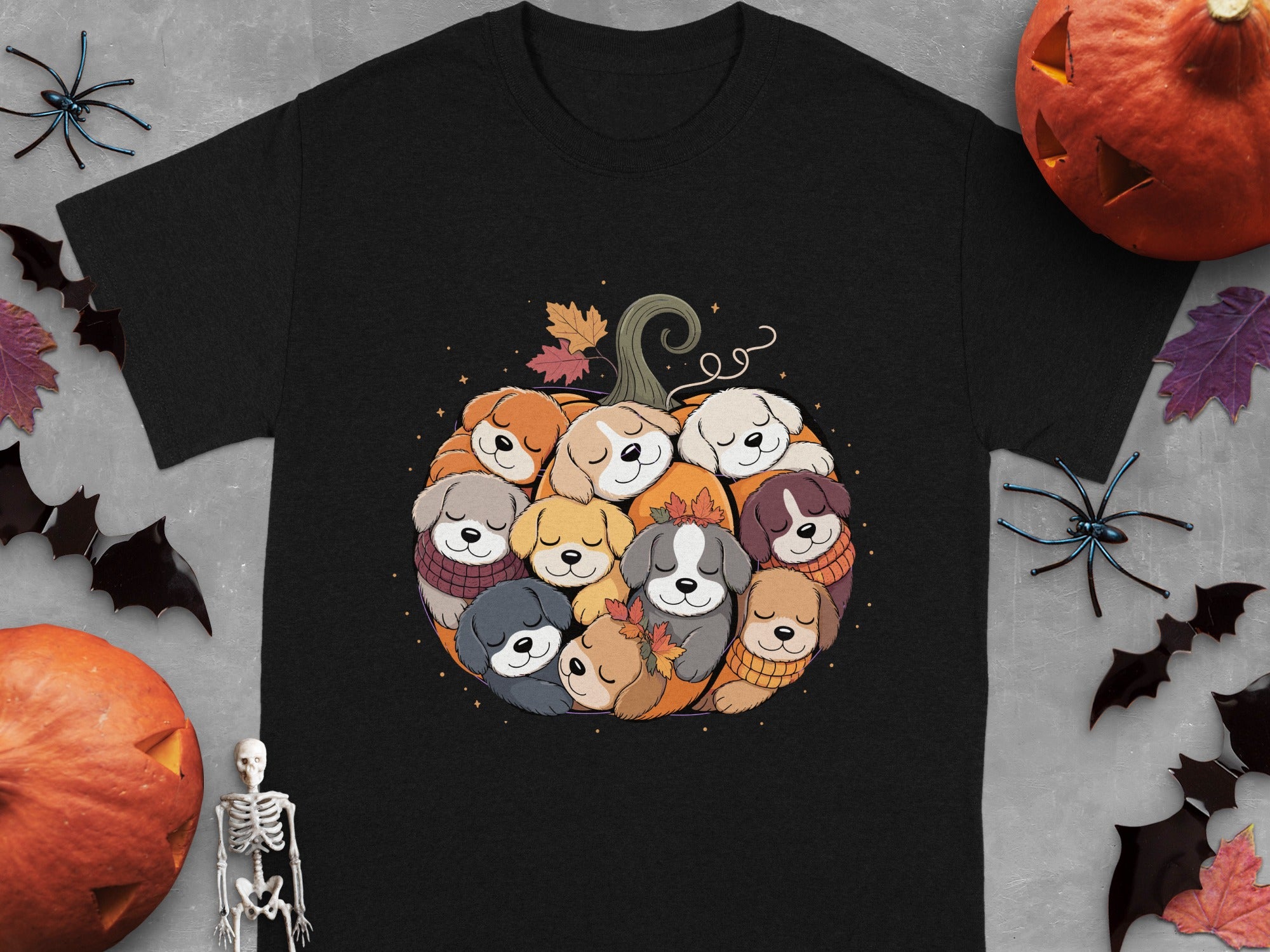 Cute Dog Characters in Pumpkin Tee for Halloween