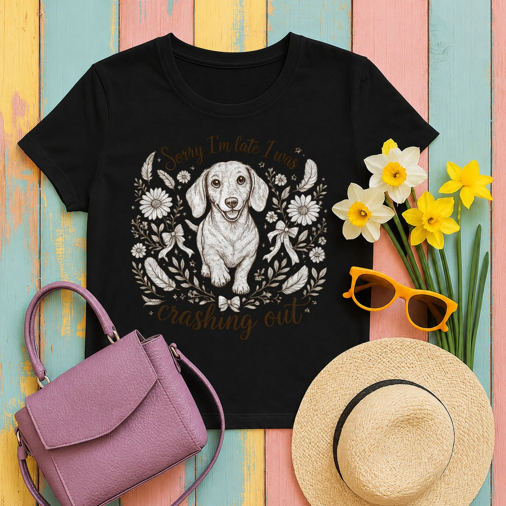 Whimsical Dachshund 'Crashing Out' T-Shirt in Black