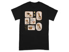 Six illustrated vignettes of beagle dogs and related items on a black t-shirt.