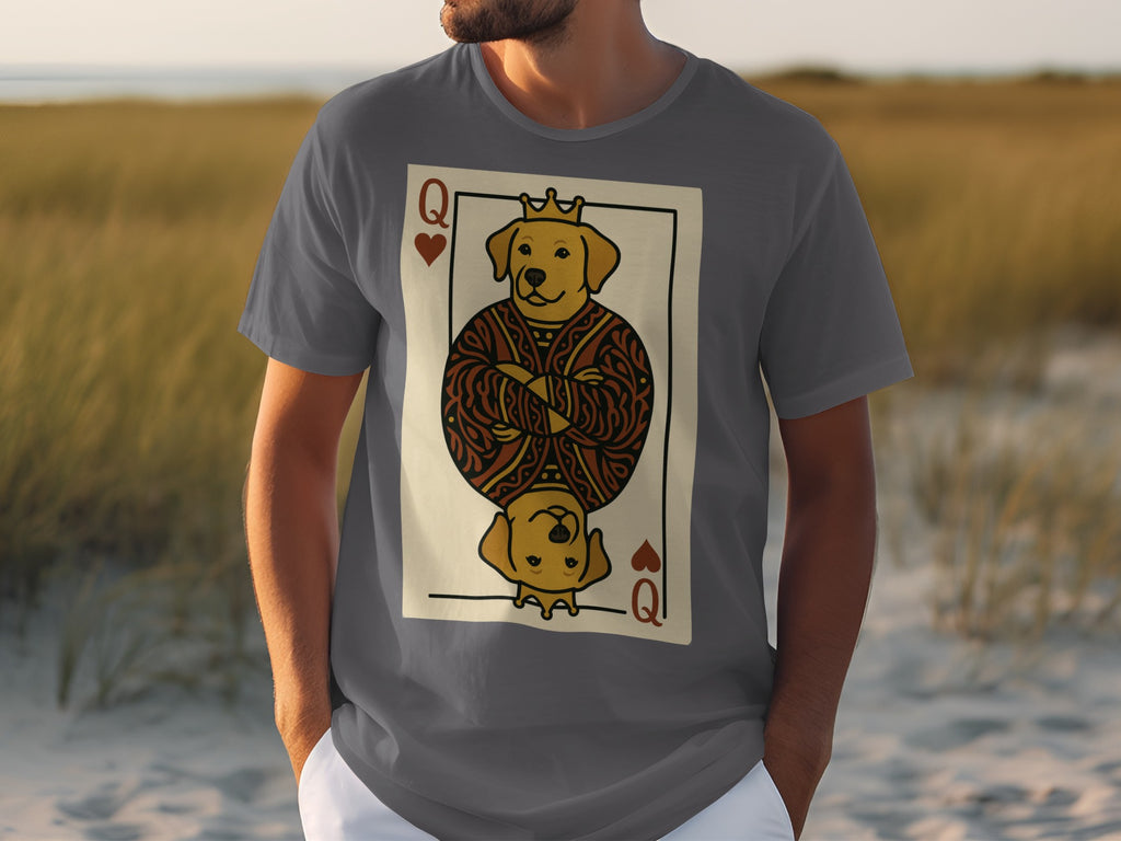 Grey t-shirt with a queen of hearts card featuring a dog in a crown and ornate robe.